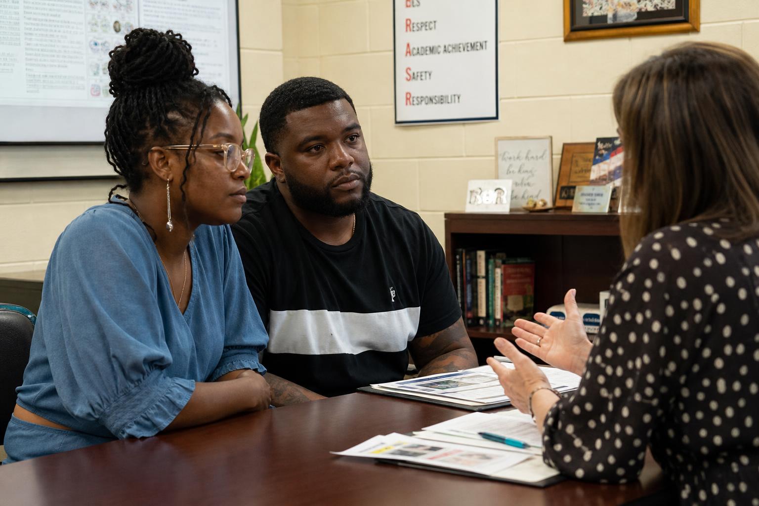 An educational advocate sitting beside parents in a supportive school meeting