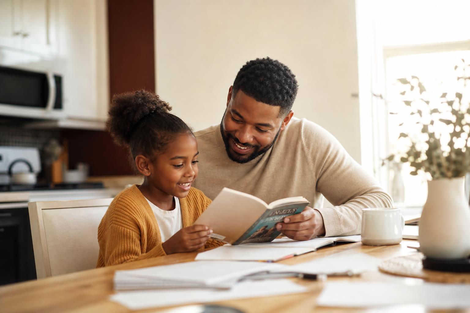 A parent and child reading together at a sunlit table