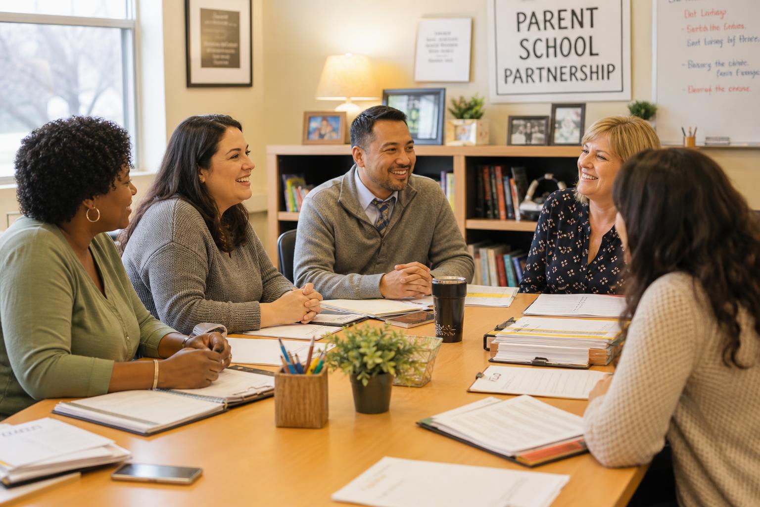 Parents and school staff in a warm, collaborative meeting